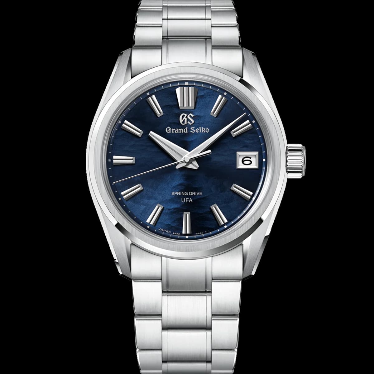 Grand Seiko Spring Drive UFA with a blue textured dial and steel bracelet